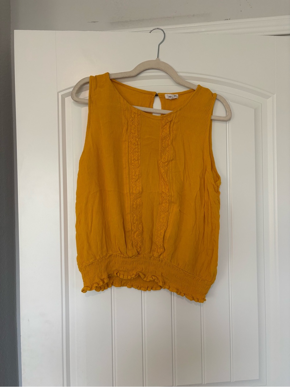 Eyeshadow Mustard Yellow Lace-Front Smocked Hem Sleeveless Top